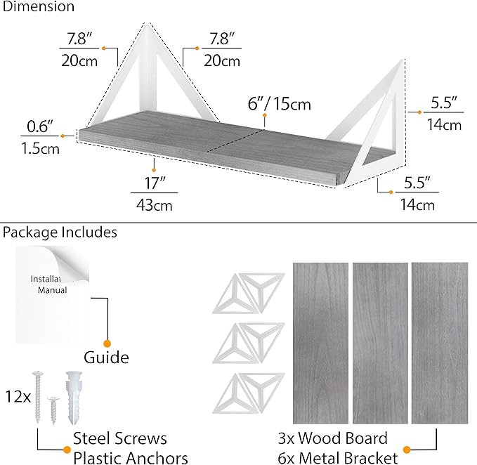 Wallniture Minori Gray Floating Shelves for Wall, Bathroom Shelves Over The Toilet Storage, Wood Wall Shelf for Bedroom, Living Room, Kitchen, Set of 3