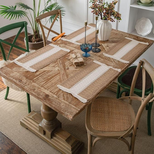 Boho Placemats Set of 4, Burlap Place Mats for Kitchen Table 12x19 Inches, Splicing Woven Rectangular Table Mats, Farmhouse Style Table Decor for Rustic Wedding Bridal Shower