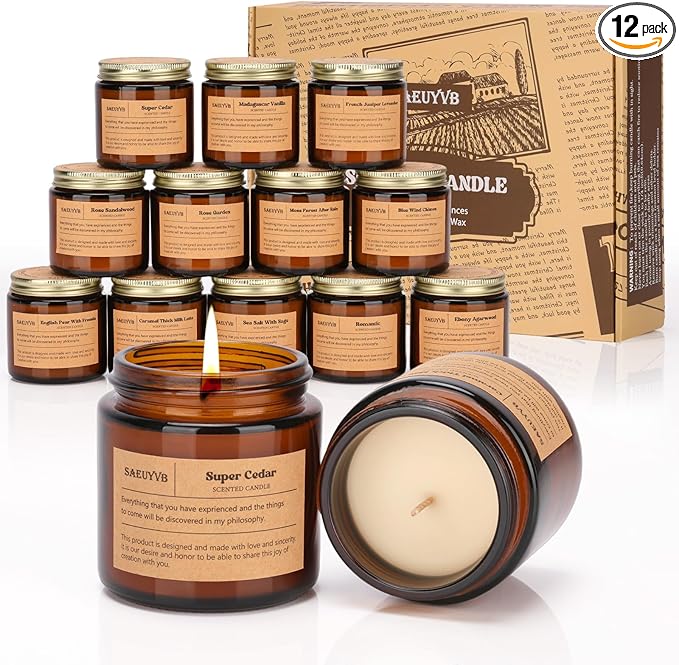 12 Pack Candles for Home Scented,Scented Candles Gift Set for Women,Natural Soy Wax Amber Jar Candle Set for Men,Aromatherapy Candle for Birthday,Mother's Day,Father's Day,Anniversary.