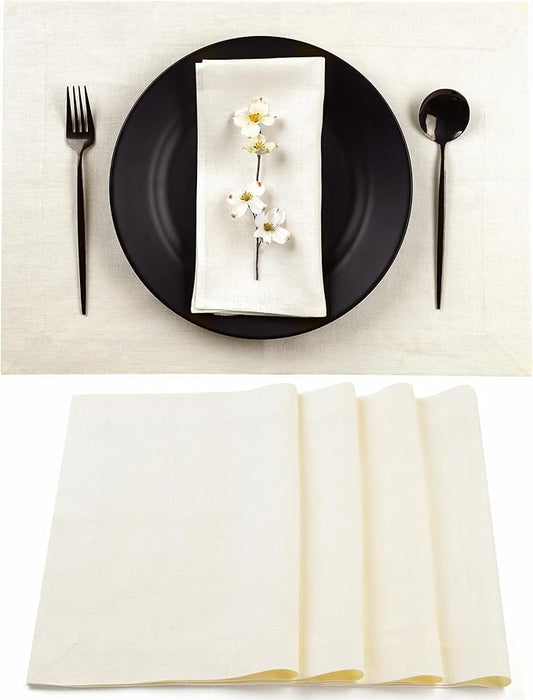 D'Moksha Homes Linen Ivory Placemats Set of 4-100% Pure Linen Placemats 14 x 19 Inch for Summer - Handcrafted and Machine Washable