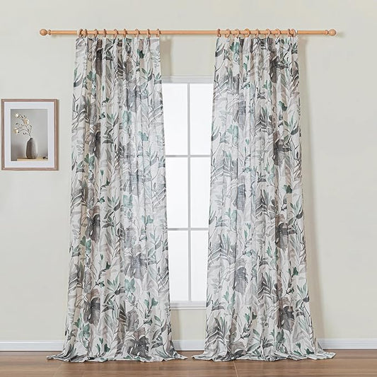 MYSKY HOME Pinch Pleated 95 Inches Floral Curtains for Living Room/Dining Room Burlap Effect Printed Privacy Protect Linen Drapes Window Treatments, 2 Panel, Brown and Natural