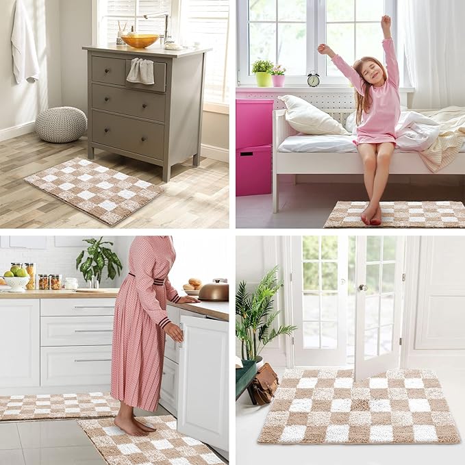 CozeCube Checkered Bath mats for Bathroom Non Slip, Plush Shaggy Bath Rugs for Bathroom Washable, Buffalo Plaid Bath mat, Beige, 47" x 24"