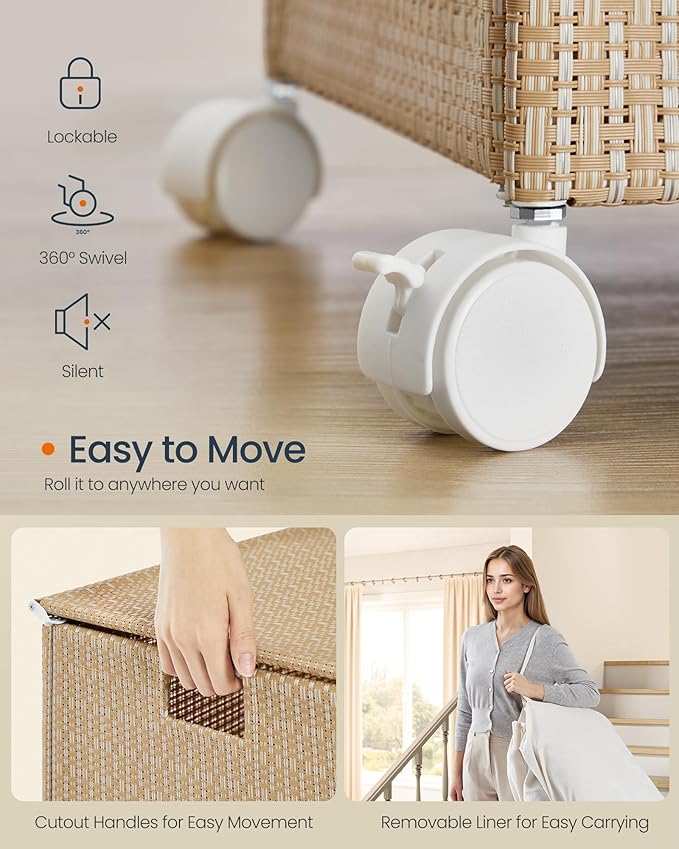 SONGMICS HOME Laundry Hamper with 3 Section, Large 140 L Rolling Laundry Basket with Wheels, Rattan Clothes Basket with Lid, Removable Liner with Handles, Natural Beige and Matte White ULCB602N01