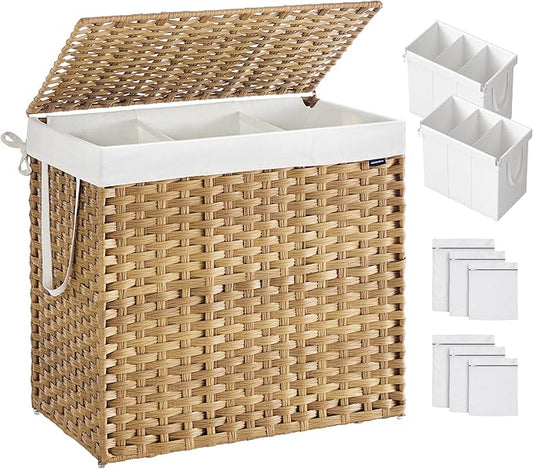 SONGMICS Laundry Hamper, 42.3 Gal. (160 L) Laundry Basket with Lid, Removable Bag with Handles, Handwoven Synthetic Rattan, for Bedroom, Laundry Room, 15.7 x 26 x 24 Inches Natural Color ULCB316Y01