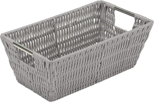 Simplify 11"x6.5"x4.5" Small Shelf Storage Woven Basket with Handles, Nursery, Playroom, Toys, Bedroom, Closet, Clothes, Office, Decorative Rattan Totes, Grey