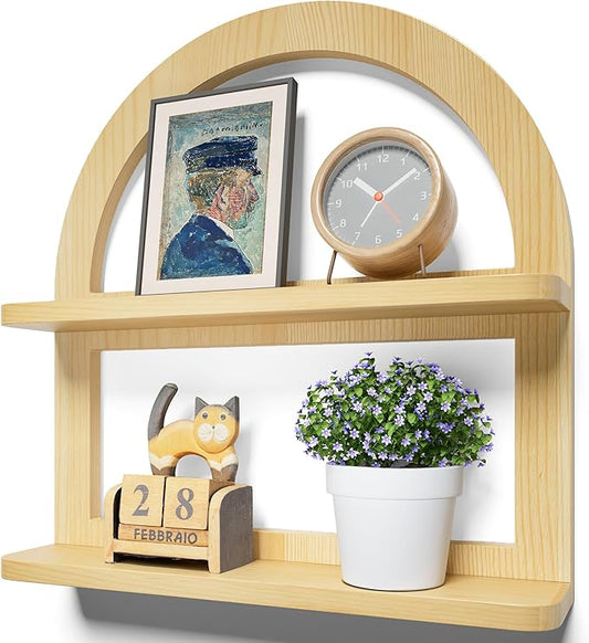 2 Tier Pine Wood Arched Wall Shelf - Fan-shaped Nursery Floating Shelf for Neutral Decor, Boho Storage Solution