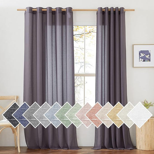 NICETOWN Flax Linen Sheer Curtains for Patio Sliding Door, Grommet Semi Sheer Linen Blend Curtains Privacy Drapes with Light Filter for Villa/Cottage, W70 x L84, Purple Brown, 1 Pair