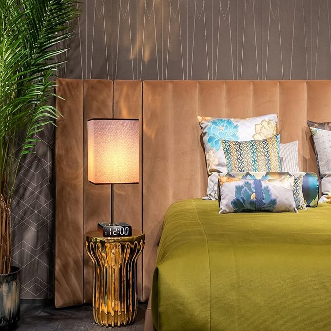 Table Lamps for Bedroom Set of 2 - Touch Bedside Lamp with Wireless Charger & 2 USB Charging Ports & 2 AC Outlets, Alarm Clock Base,Dimmable Nightstand Lamps with Square Fabric Shade for Living Room