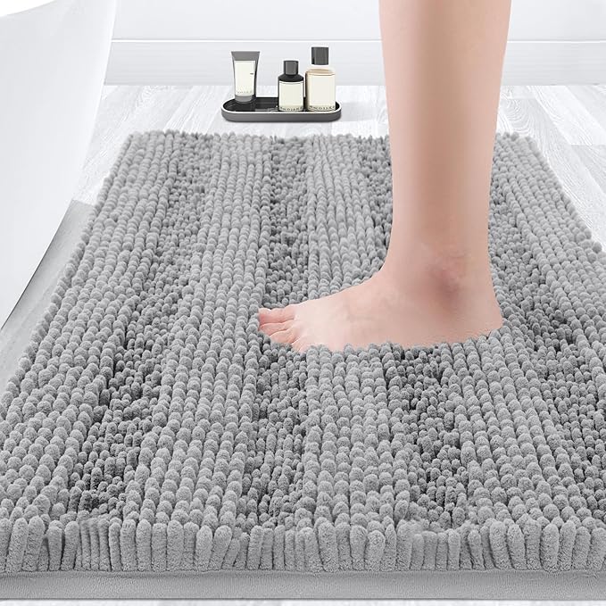 ACCUMTEK Striped Light Grey Bathroom Rug Mat 36"x24" Ultra Soft, Non Slip Chenille Bath Rugs, Absorbent Plush Shaggy Bath Mats for Bathroom, Bedroom, Kitchen, Shower, Tub,Light Gray