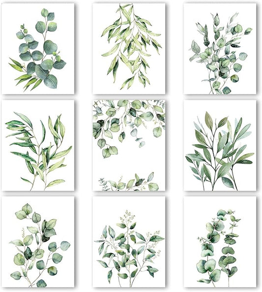 Zonon 9 Pcs Botanical Plant Wall Prints Eucalyptus Wall Decor, 10" x 8" Boho Sage Green Leaves Decoration Posters, Unframed Minimalist Art Prints for Bathroom Living Bedroom Kitchen