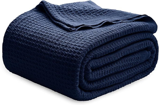 Bedsure 100% Cotton Blanket King Size for Bed - Breathable and Soft, Waffle Weave Blanket for Summer Spring, Pageant Blue, 104x90 inches