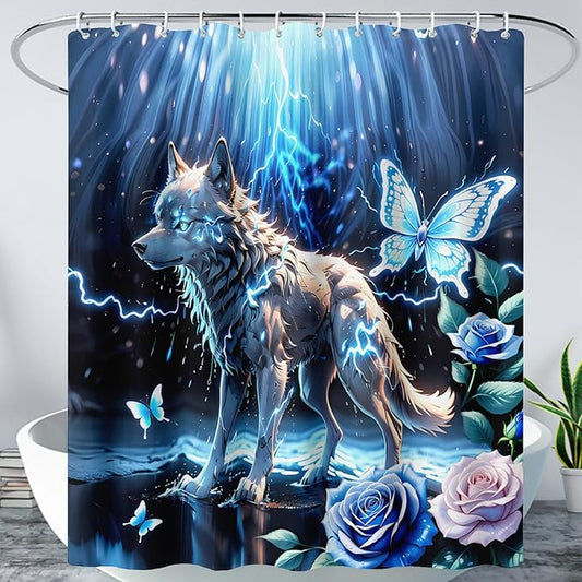 AILONEN Lightning Wolf Shower Curtain for Bathroom,3D Print Glowing Wolf Print Bath Curtain for Boys Men Kids,Raining Wolf Waterproof Bathroom Decor Blue Curtain with 12 Plastic Hooks, 72" W*78" H
