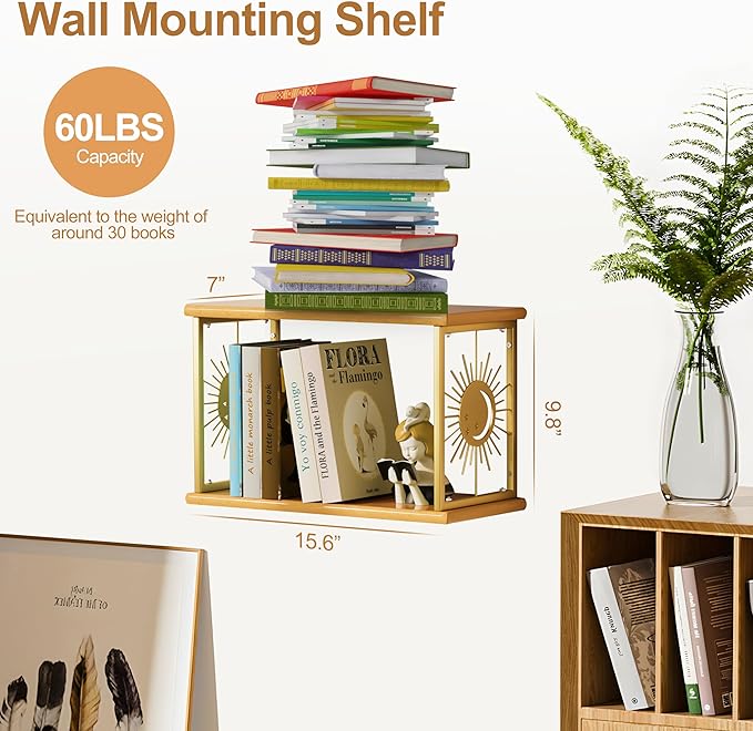 Floating Nightstand Wall Mounted - Natural Solid Wood Night Stand, Bedside Table 2 Tier Shelf, Modern Metal Celestial Side Floating Shelves Decor for Living Room Bedroom