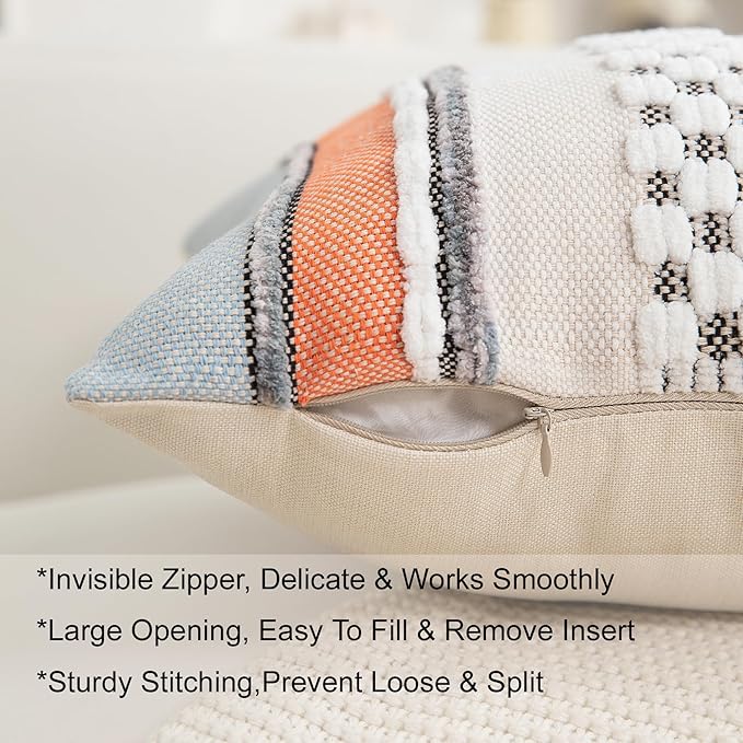 Boho Pillow Covers 18x18 Set of 2 for Couch-Modern Farmhouse Sofa Decorative Throw Pillow Covers Textured Chenille Cushion Covers Outdoor Netural Bohemian Pillow Cases Square