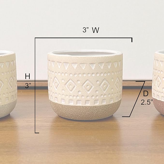 Admired By Nature Set of 3 Modern 3" Ceramic Flower Plant Planters, Ceramic Pot Planter Indoor Ceramic, Houseplant Cactus Ceramic Pot, Decorative Planter for Indoor Succulent Plant Home Décor, Tan