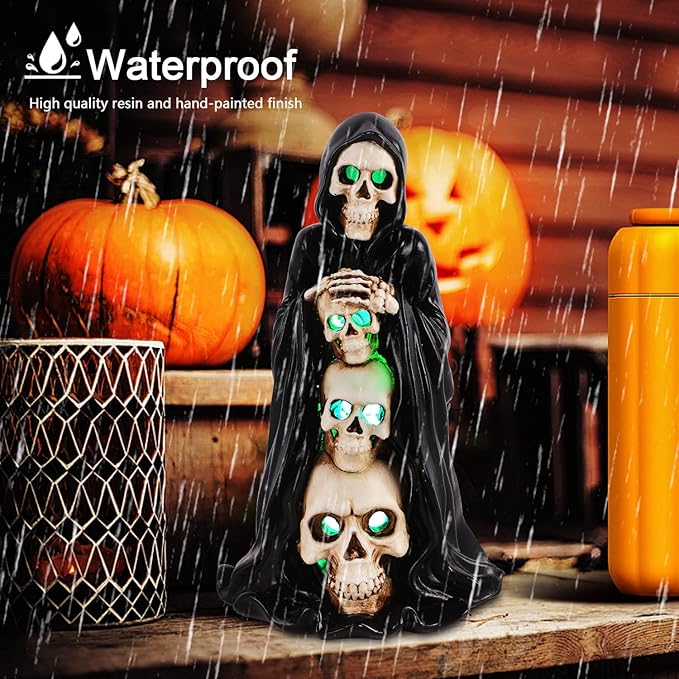 Grim Reaper Skull Halloween Decor - Solar - Powered Resin Statue, Unique Skeleton Head & Skulls Garden Decor, Ideal Spooky Gift