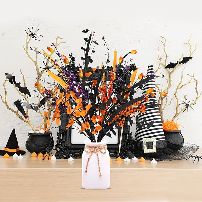 Sggvecsy 6 Pcs Artificial Halloween Stem with Berries Teeth Black Orange Leaves Faux Picks Decorative Twigs for Flower Arrangemant Table Centerpiece Halloween DIY Crafts Festival Home Decoration