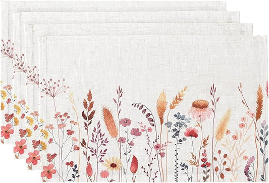 QIYI Boho Placemats Set of 4, 12x18 Inch Linen Fabric Floral Place Mats for Kitchen Dinning, Farmhouse Rustic Cloth Table Mats, Washable Placemat Party Table Décor, Autumn Wildflowers