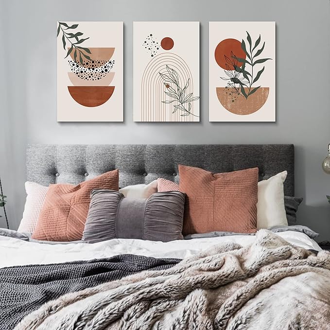 Boho Wall Art Prints，Boho Wall Decor, Mid Century Modern Wall Art，Set of 3 Prints, Abstract Geometric Prints Black Beige Terracotta Minimalist Art, Natural Framed Canvas Prints Artwork For Living Room