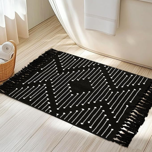 Tritard Boho Bathroom Rug 2x3 - Woven Cotton Washable Area Rugs with Tassels Small Aztec Entryway Throw Rugs Farmhouse Bath Door Mat Low Pile for Entrance, Kitchen, Front Porch, Black and White