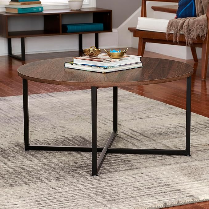 Household Essentials Jamestown Round Coffee Table Mid Century Walnut Wood Grain and Black Metal