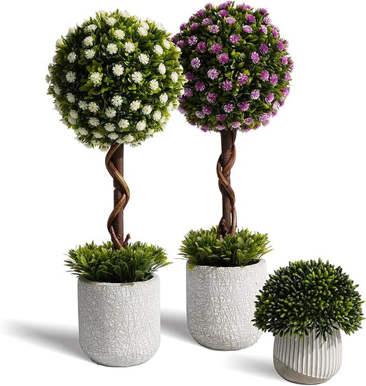 3 Pack Fake Plants 14.57 Inch, Small Artificial Topiary Trees Potted in Cement Planter, Small Artificial Plants Indoor/Outdoor for Home Kitchen Bathroom Bedroom Room Decor - White Purple - Flowers