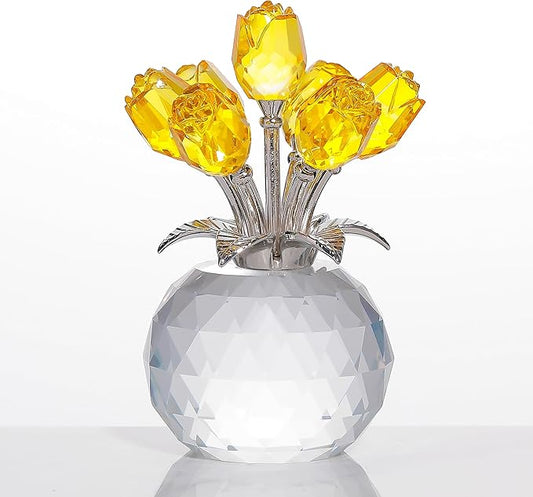 Yellow Rose Flower Crystal Figurine with Vase, Bouquet Flowers Ornament Gifts for Wife Girlfriend Women , Handmade Crystal Flower Collectible Home Table Decor for Valentine's Day Wedding Anniversary