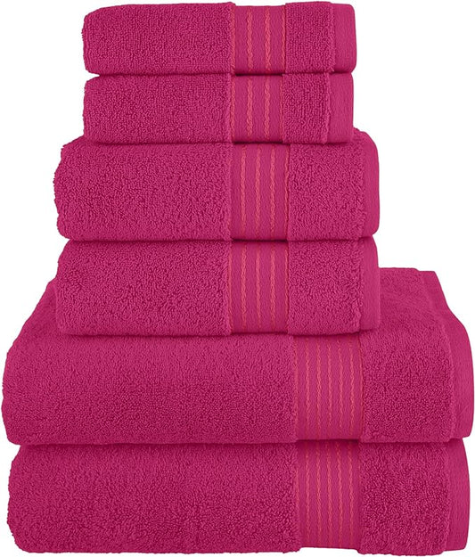 Elegant Comfort Premium Cotton 6-Piece Towel Set, Includes 2 Washcloths, 2 Hand Towels and 2 Bath Towels, 100% Turkish Cotton - Highly Absorbent and Super Soft Towels for Bathroom, Hot Pink
