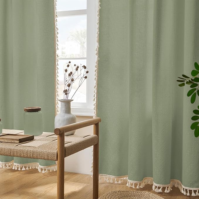 Joydeco Sage Green Boho Curtains 96 Inches Long 2 Panels, Super Soft Bohemian Farmhouse Curtains with Tassels, Semi Sheer Light Filtering Drapes for Bedroom Living Room (Rod Pocket, 52Wx96L)