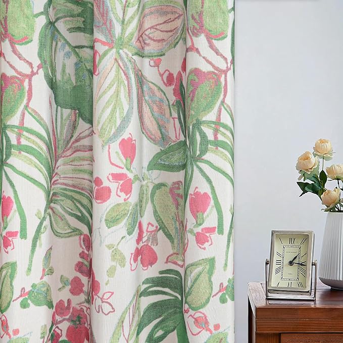 Leeva Green and Pink Hues Print Window Curtains, Leaves Flower Farmhouse Garden Style 84 Inch Long Semi-Blackout Curtain and Drapes for Living Room Guest Room Bedroom, 2 Panels