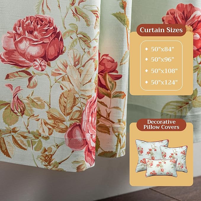 Maison d' Hermine Curtains for Living Room 100% Cotton 124 inch Length Two Panels Light Filtering Curtains for Bedroom Windows with Rod and Loop Pockets Drapes (Villette Aqua, 50" W x 124" L)