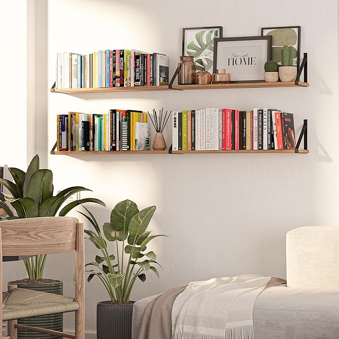 Wallniture Bora 54"x 6" Wall Shelves for Living Room, Bookshelves Wall Mounted, Wood Floating Shelves, Burnt, Wood, Set of 2