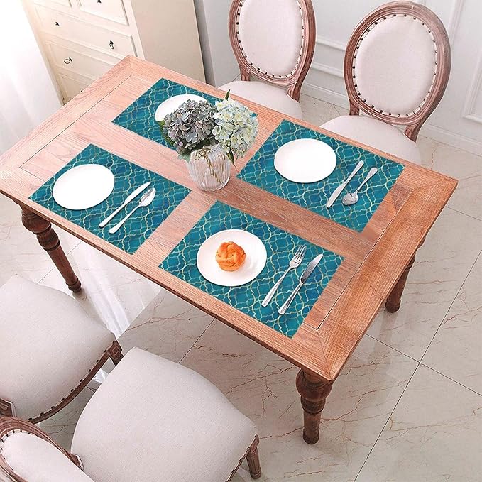 Blue Teal and Gold Modern Placemats Set of 4, Retro Table Mats Washable Heat Resistant Non-Slip for Kitchen Dinner Holiday Party Farmhouse Home Decor, Linen 12"x18"