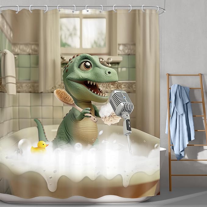 LGhtyro Kids Funny Dinosaur Shower Curtain Bathroom Set 60Wx71H Inches Boys Cartoon Dino Singing in Bathtub Cute Trex Animal Raptor Child Bath Accessories Bubbles Art Home Decor Fabric 12 Pack Hooks