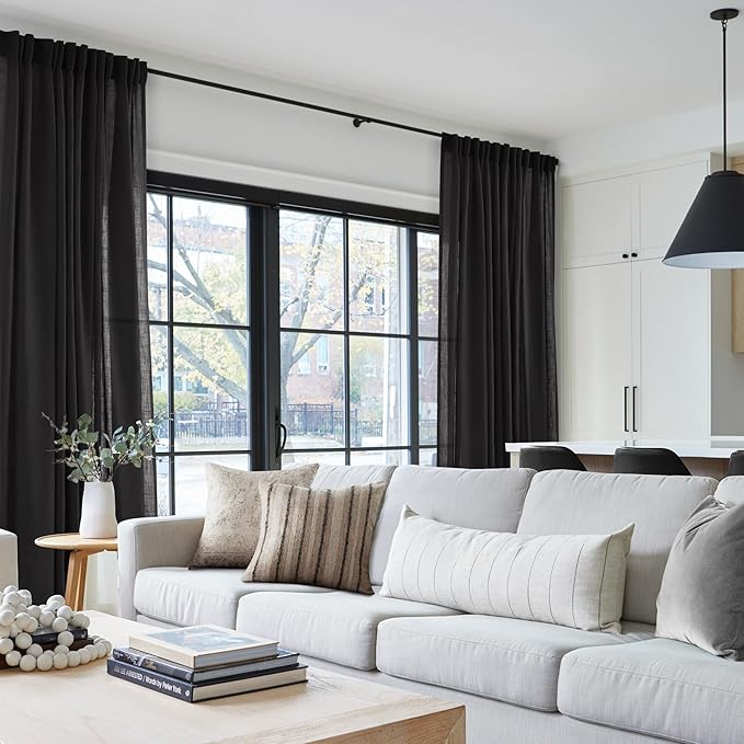 Black Linen Curtains 90 inches Long for Bedroom Back Tab Light Filtering Privacy Semi Sheer Black Curtains Living Room Boho Rustic Farmhouse Cotton Textured Gauze Curtain 2 Panel Set