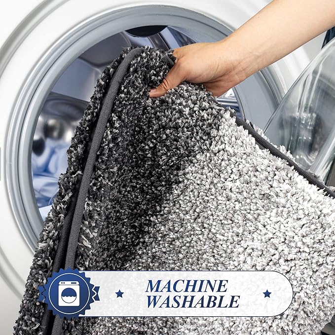 Walensee Contour Rug (20 x 24, Ombre Grey) - Non Slip, Water Absorbent, Soft Microfiber Shaggy Bath Mat, Machine Washable, U Shape Toilet Rug