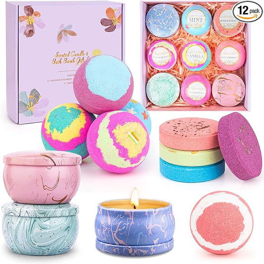 Bath Bombs for Women, Relaxing Spa Gift Basket Set, Unique Self Care Gift for Women, Bath Bombs+Scented Candles+Shower Steamer Bubble Bath Gifts for Mom Sister Friend Wife Teacher Nurse