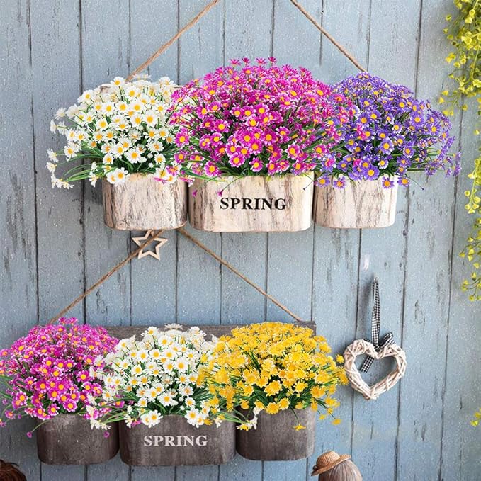 Artificial Daisies Flowers Outdoor UV Resistant 4 Bundles Fake Foliage Greenery Faux Plants Shrubs Plastic Bushes for Window Box Hanging Planter Farmhouse Indoor Outside Decor(Magenta)
