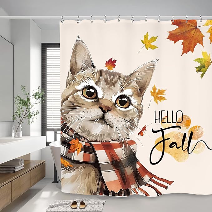 Autumn Funny Shower Curtain 60Wx72L Inch Cute Cat Hello Fall Maple Harvest Pet Seasonal Lovely Thanksgiving Bathroom Set Accessories Decor with 12 Pack Hooks