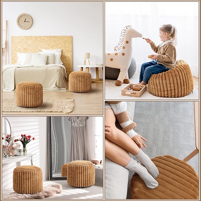2 Pcs 20 x 15 Inch Unstuffed Pouf Cover Ottoman Foot Rest - No Filler, Faux Rabbit Fur Foot Stool Floor Bean Bag Floor Chair Storage for Living Room Bedroom Home Decor(Brown)