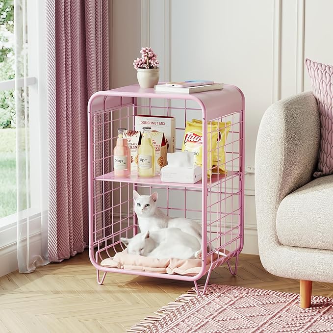 APEXCHASER Cute Kids Pink Nightstand,Metal Side Table,3 Tier End Table with Storage,Vintage Bedside Table,Girls Bedroom Furniture for Living Room,Bedroom,Dorm
