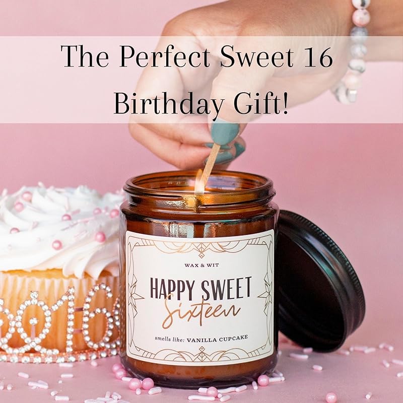 Wax & Wit Sweet 16 Gifts for Girls, Happy Birthday Candles - Scented with Vanilla Cupcake - Sweet Sixteen Gift Ideas – 9oz, Soy Wax, 50 Hour Burn, Premium Candle