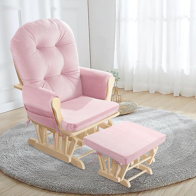 5 PCS Velvet Glider Rocker Replacement Cushions with Side Storage Pocket, Thickened & Supportive Cushions Set for Indoor Nursery Rocking Chair, Pink