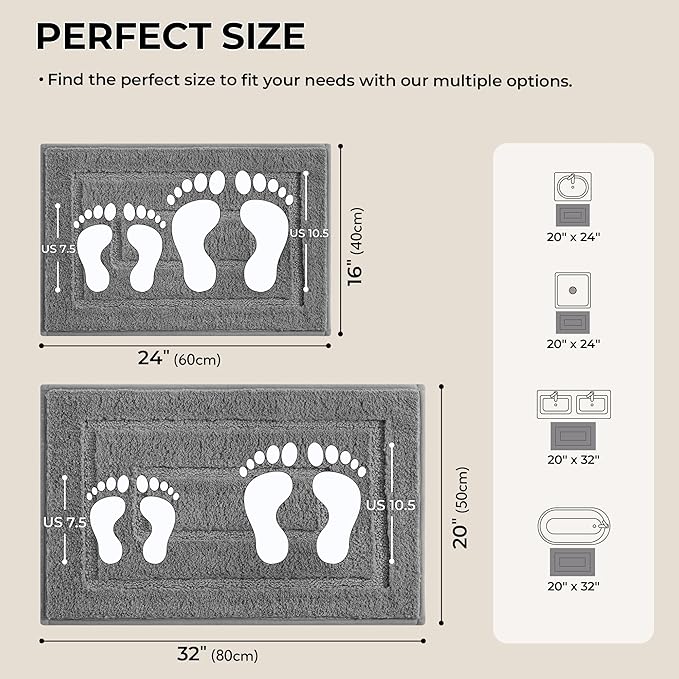 GRANNY SAYS Bathroom Rugs Sets 2 Piece,Soft Bath Mats for Bathroom, Bath Rugs Non Slip Washable, Absorbent Bath Rug for Tub, Shower and Toilet, Bath Mat Set (Grey, 20" x 32" + 16" x 24")
