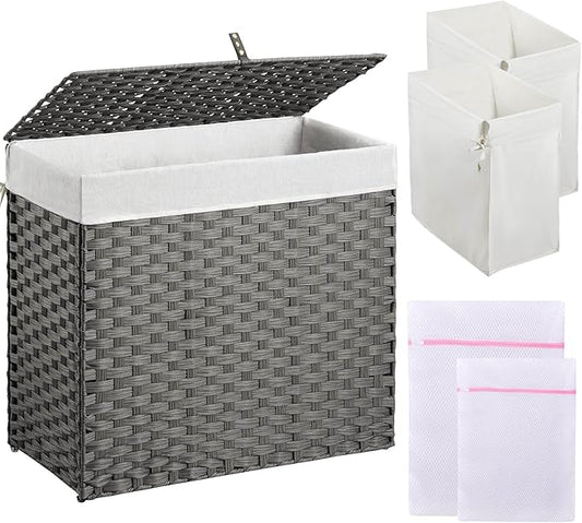 Greenstell Laundry Hamper with Lid, 125L Laundry Basket with 2 Removable Liner Bags & 2 Mesh Bags, Handwoven Synthetic Rattan Clothes Hamper for Clothes, Toys in Bathroom, Bedroom, Foldable, Grey