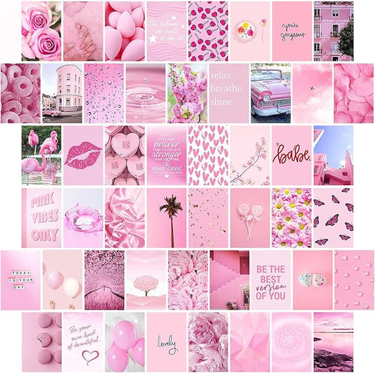 WOONKIT Pink Aesthetic Pictures, Collage Kit for Wall, Pink Room Wall Bedroom Dorm Decor, Room Decor for Teen Girls, Trendy 50pcs 4x6 inch