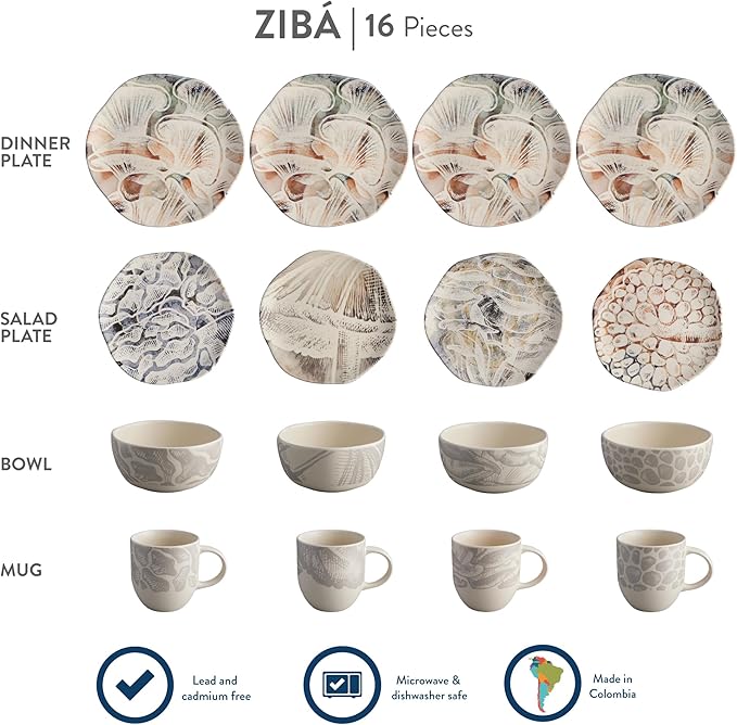 Corona 16–piece Earth Tones Fungi Mushroom Design Ceramic Dinnerware Sets | Plates Bowls and Mugs Set | Service For 4 | Ziba