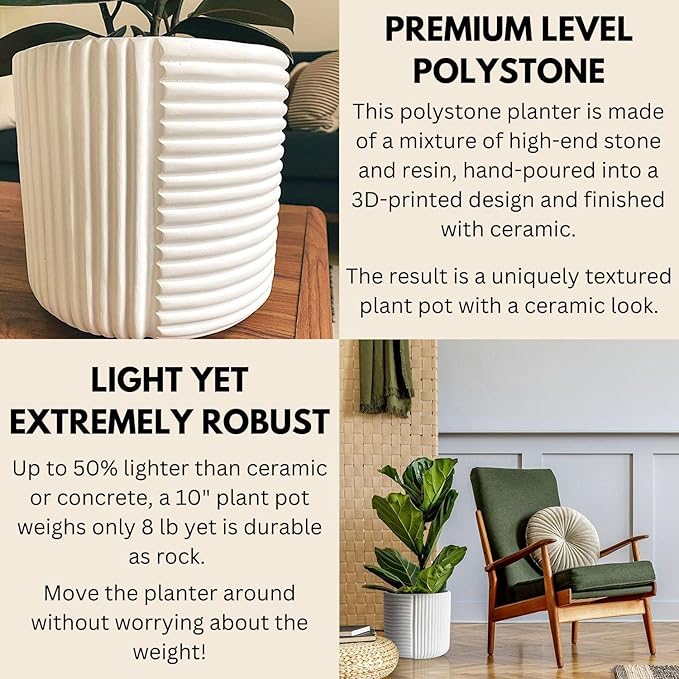 Fox & Fern 10 Inch Plant Pot with Drainage Plug — Premium Polystone White Plant Pot; Modern Planter with 3D Texture and Ceramic Finish; 10 Inch Pots for Plants Indoor & Outdoor