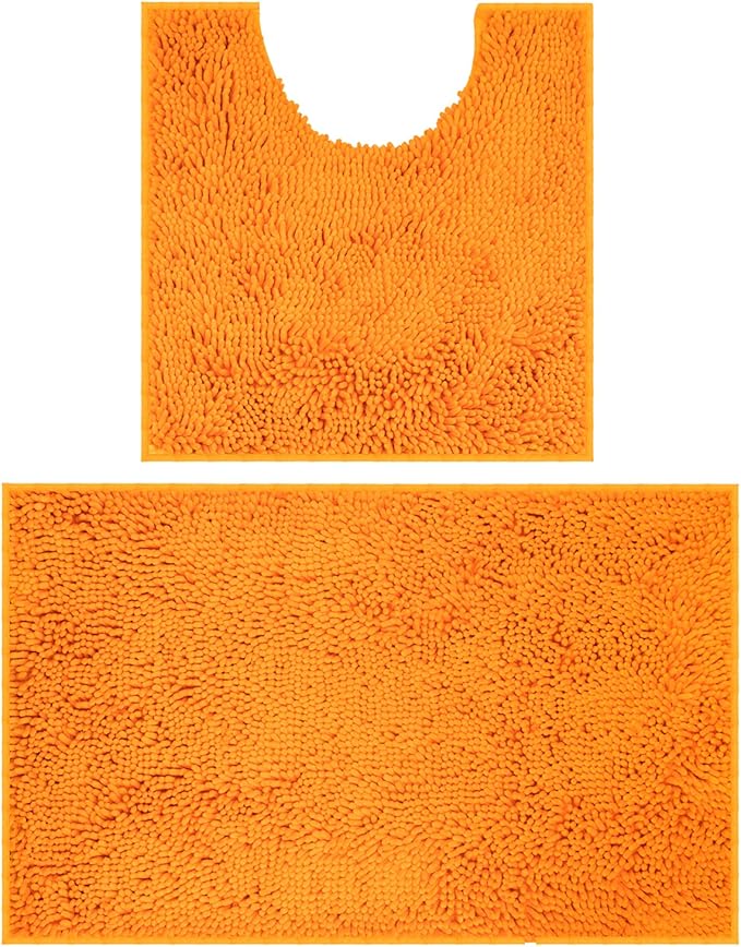 VAGAU Bathroom Rugs 2 Pieces Chenille Bath Rug Mat, Extra Thick and Soft Absorbent Bath Rugs, Machine Washable, Non-Slip Plush Bath Mats for Tub, Shower, and Bath Room (Orange)