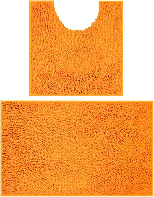 VAGAU Bathroom Rugs 2 Pieces Chenille Bath Rug Mat, Extra Thick and Soft Absorbent Bath Rugs, Machine Washable, Non-Slip Plush Bath Mats for Tub, Shower, and Bath Room (Orange)
